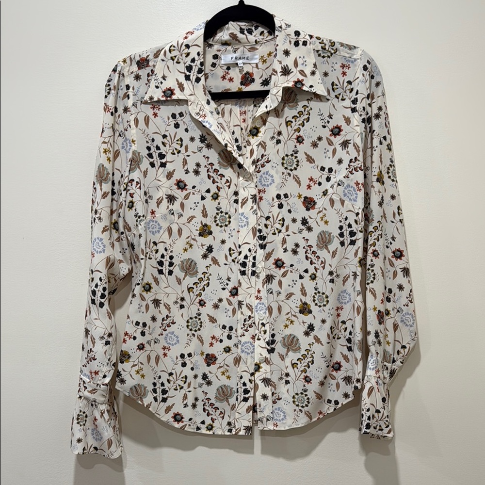 FRAME Floral Print 100% Silk Blouse Size Small